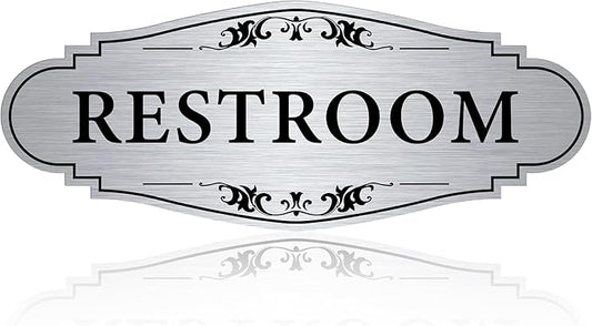 Restroom Sign Sticker for Business & Home, Self-Adhesive Brushed Silver Elegant Bathroom Signs for Door, Durable & Waterproof Unisex Restroom Signage for House Toilet, Office, Store, Shop