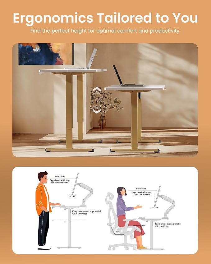ErGear Height Adjustable Electric Standing Desk, 31.5 x 18.9 Inches Sit Stand up Desk, Memory Computer Home Office Desk with Two-Piece Desktop (White & Gold Frame)