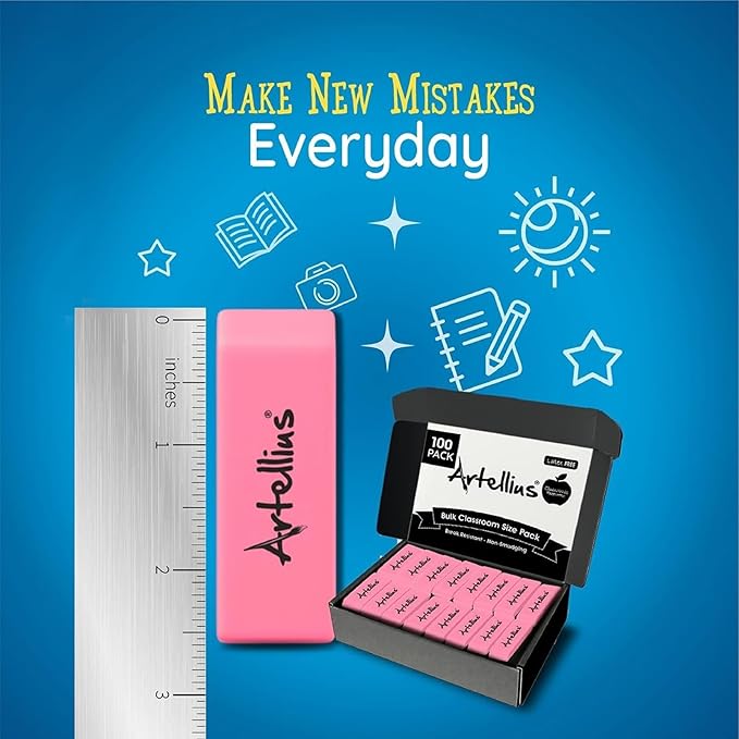 Artellius Pink Erasers | Latex & Smudge Free | Bulk School Supplies | Classrooms, Teachers, Homeschool, Office, Art Class | Large Size (Pack of 100)