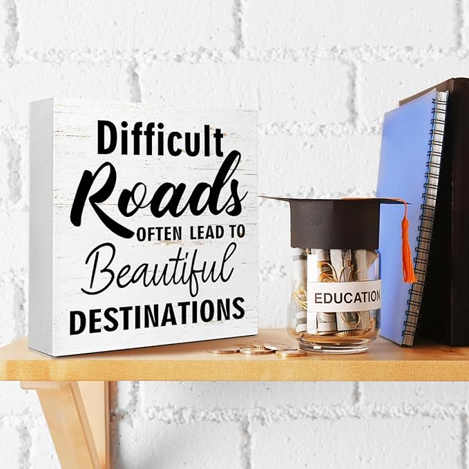 Inspirational Wood Box Sign - "Difficult Roads To Beautiful Destinations" Motivational Message - 5x5x1 Inch Uplifting Home & Office Decor
