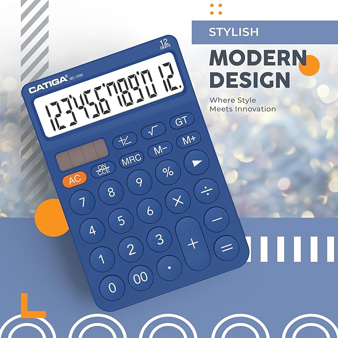 CATIGA 12 Digit Desktop Calculator Basic Desk Calculator with Large LCD Display, Big Buttons, 4 Function, Solar and Battery Dual Power, for Office, School, Home, SD-1292 Navy Blue