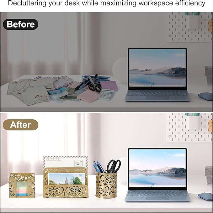 EasyPAG Desk Organizers and Accessories 3 Pieces Office Organizer Set - Pen Holder for Desk, Mail Sorter Countertop and Sticky Note Holder, Gold