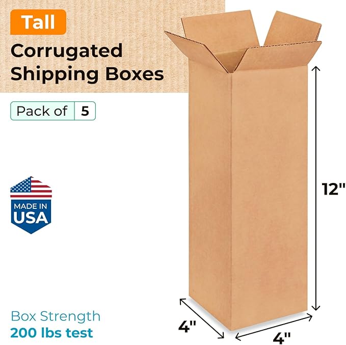 Tall Moving & Shipping Boxes 4 x 4 x 12 inches (5-Pack) - Extra Strength 200 lb vs Regular - Corrugated Moving Boxes for USPS/UPS/FEDEX - Box for Packaging Moving - Shipping Box by IDL Packaging