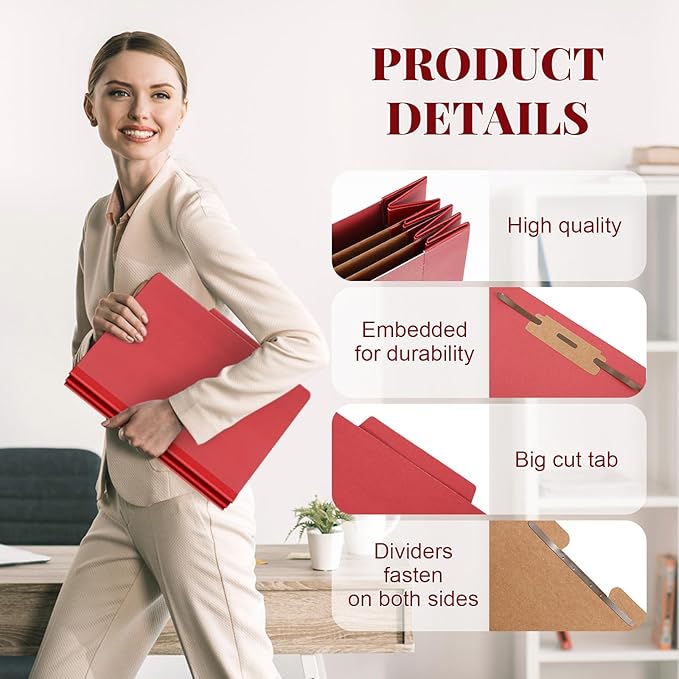 Skyygemm 24 Pcs Classification Folders Letter Size, 3 Divider Pressboard File Folder with Fasteners, Expanding File Organizer Bulk for School Teachers, Office Employee, Coworker, Staff (Red)