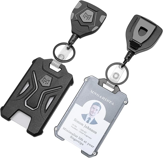 MNGARISTA 2 Pack Heavy Duty Badge Holder, Vertical ID Card Holder for Credit Cards, Clear ID Window, All PC Polycarbonate Plastic Housing, 5 Cards Capacity, Built-in Elastic Clip, Black