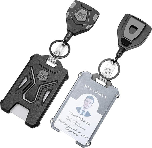 MNGARISTA 2 Pack Heavy Duty Badge Holder, Vertical ID Card Holder for Credit Cards, Clear ID Window, All PC Polycarbonate Plastic Housing, 5 Cards Capacity, Built-in Elastic Clip, Black