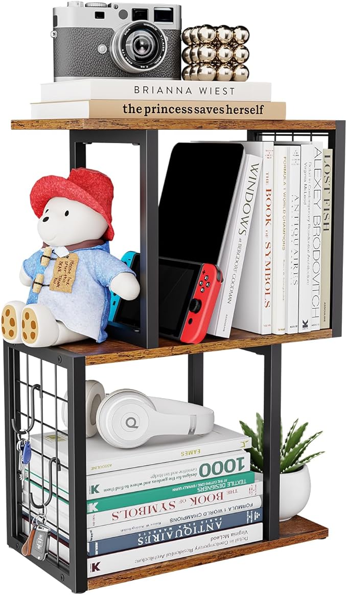 Vfelf Desktop Bookshelf,3-Tier Desk Organizer Shelf with Hooks Desk Organization Deals for Office Storage Rustic Brown