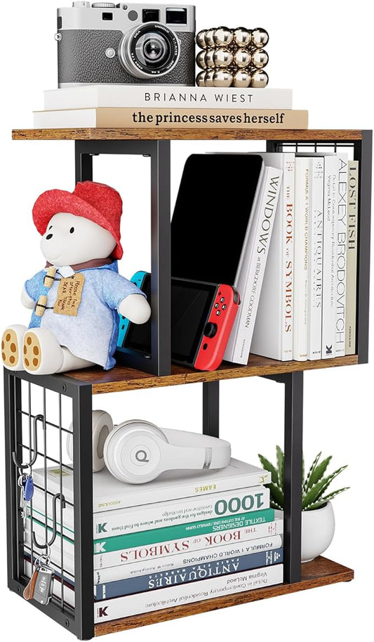 Vfelf Desktop Bookshelf,3-Tier Desk Organizer Shelf with Hooks Desk Organization Deals for Office Storage Rustic Brown
