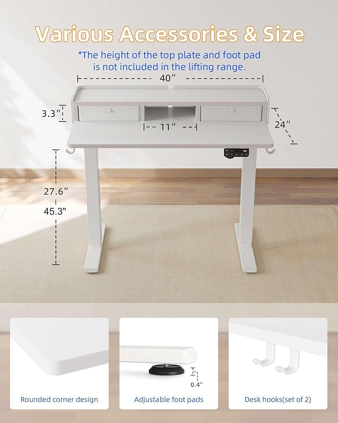 YIHAYO Electric Standing Desk with Drawers, 40 x 24 Inches Adjustable Desk with Storage Shelf, Stand Up Desk with Splice Board, Computer Table for Home Office,White Frame/White Top
