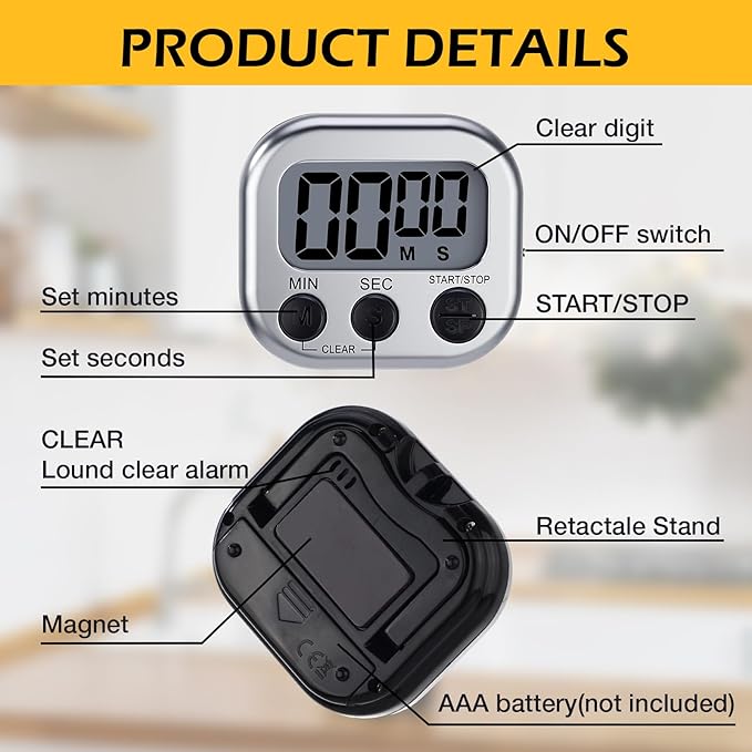 Leumoi 24 Pcs Digital Kitchen Timers Magnetic Back Timers Bulk Large Screen Loud Alarm On/Off Switch Minute Second Count up Countdown Memory Setting for Cooking Classroom Exercise (Sliver and Black)