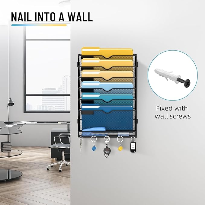 SUPEASY 7-Tier Wall File Holder Organizer with Hooks, Mesh Hanging File Organizer, Mail Organizer Wall Mounted for Papers, Folders, Office Magazine Rack, Black, 2Pack