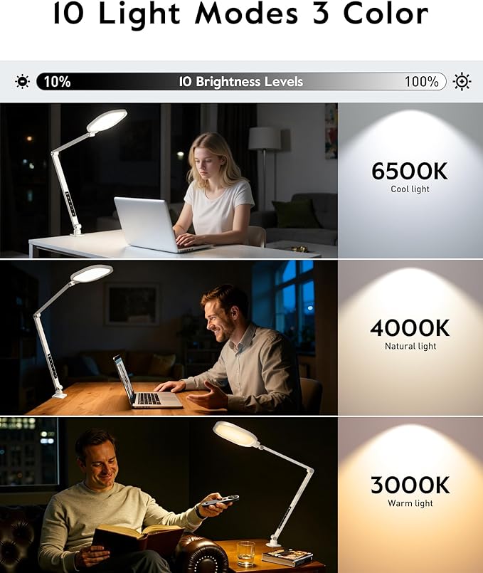 LitONES Led Desk Lamp with Clamp, 1200LM Dimmable Home Office Desktop Light, 3000k-6500k Adjustable Swing Arm Ring Light for Video Conference, Study, Reading, Zoom Calls, Streaming (White)
