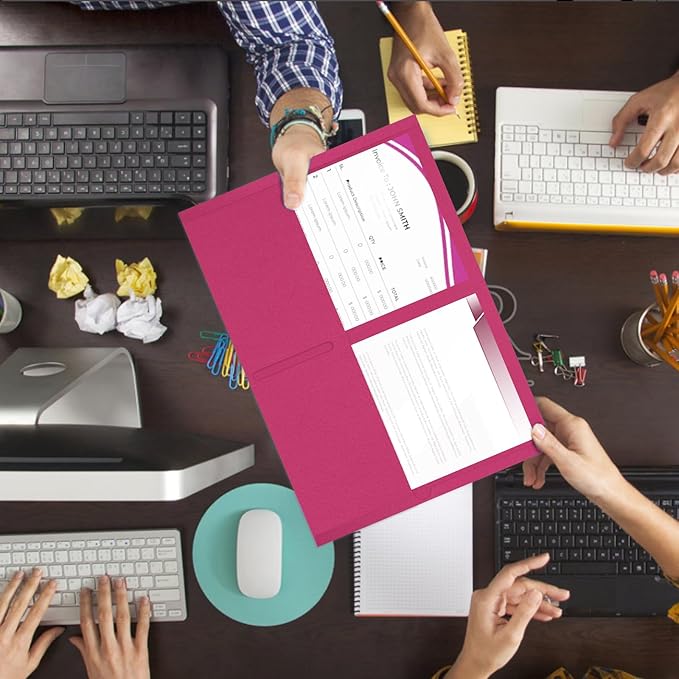 Two Pocket Folders, RAZCC 50 Pack 2 Pocket Folders Fit Letter Size Paper, Paper Folders with Pockets for School Office Business Home (Magenta)