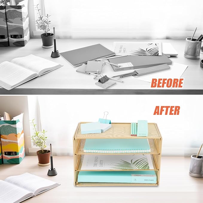 EASEPRES Paper Organizer Tray, 3 Tier Mesh Desk File Organizer Letter Sorter Holder for Home Office, Gold