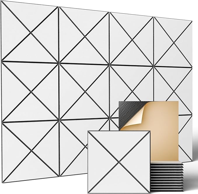 Sonicism 12 Pack X-Lined Acoustic Panels with Self-Adhesive, 12" X 12" X 0.4" Sound Proof Foam Panels, Decorative Soundproof Wall Panels, Sound Absorbing Tiles for Home & Offices (BlackBase+WhiteFace)