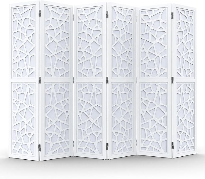 VINGLI 70'' H Room Divider, Non-Woven Fabric Privacy Screen, Indoor Partition Wall Dividers, Freestanding Hinged Space Separator with Modern Unique Pattern (White, 6 Panel)