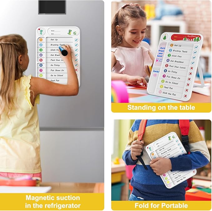 2-Pack Magnetic Chore Chart for Kids, ADHD Task Tracker Easy-Check Routine Dry Erase Board, to-Do List Planning Tool with Stand for Fridge/Desk/Home/School, 6 Reusable Sheets, 4 Markers White
