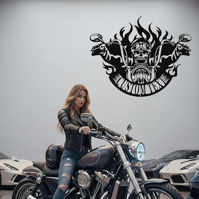 Custom Motorcycle Skull Metal Sign Personalized Biker Name Sign Custom Garage Decor Motorbikes Wall Art Decor Motorcycle Sign Men Room Decor Gifts for Men Husband Rider