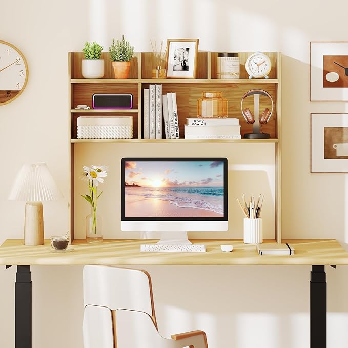 Tangkula Desktop Bookshelf for Computer Up to 32”, 37” Countertop Storage Hutch with 6 Storage Shelves, 3-Tier Desktop Organizer Display Rack, Wooden Desk Hutch for Dorm Home Office (Burlywood)