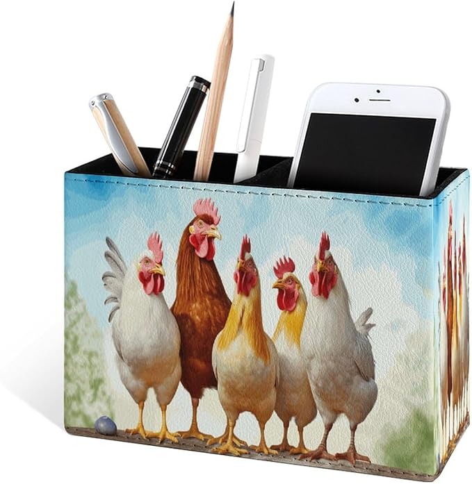 Famame Chicken Roosters Farm Animals Pencil Holder for Desk, Leather Desktop Container Pen Cup Storage Study Table Pen Organizer Makeup Brush Holder for Classroom Office Home
