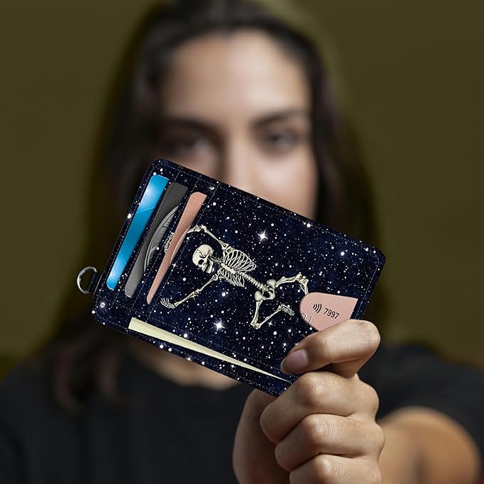 BWEGRHE Small Travel Wallets, Dance Skull Skeleton Slim Minimalist Front Pocket Wallet with Wristlet, RFID Blocking PU Leather Credit Card Holder with ID Window Change Purse for Men Women