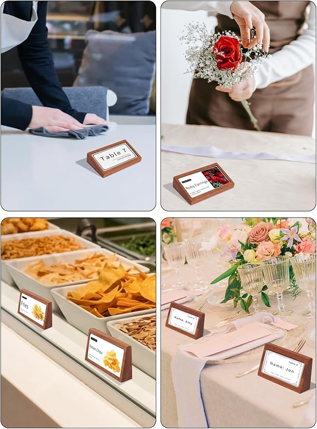 6 Pack Small Wood Price Tag Label Holder Tabletop Stand or Recline Small Sign Holder for Retail Store Boutique Name Card Restaurant Food Labeling (3.15X1.57 in)