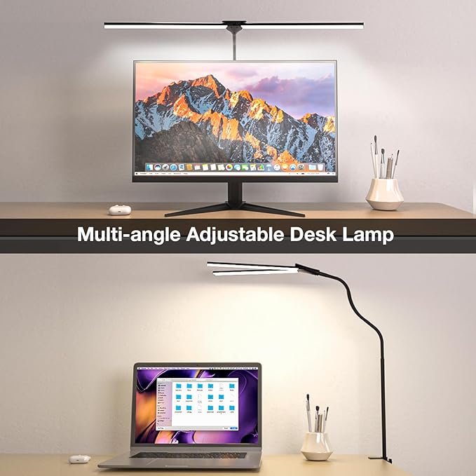 Hensam Desk Lamp for Home Office, Double Head Desk Light with Clamp, Dimmable 5 Color Modes Task Lighting, Eye-Caring Architect Table Lamp for Workbench, Dual Monitor, Study, 1400lm
