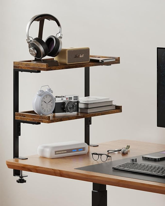 ART-GIFTREE Clamp On Desk Shelf 2-Tier, 16.5 in Wood Shelving Unit for Office Desk/Gaming Accessories, Tabletop Book Storage Rack, Shelf for Top of Desk, Brown