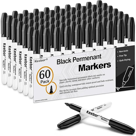 Keebor Permanent Markers Bulk, 60 Pack Black Permanent Markers, Quick Drying & Fade Resistant, Fine Point Marker Set for Wood, Plastic, Paper, Metal