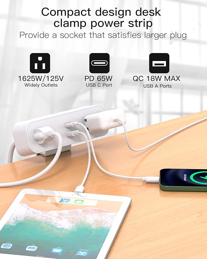 Desk Clamp Power Strip, 65W 10ft Extension Cord- 2 Outlets Desktop Power Strip with USB C 65W, USB A(QC 18W) Desktop Desk Clamp Power Station for Office, Home
