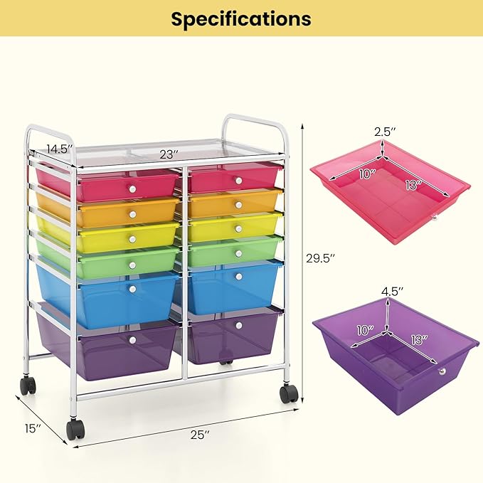 Giantex 12 Drawer Rolling Storage Cart Tools Scrapbook Paper Office School Organizer (Multicolor)