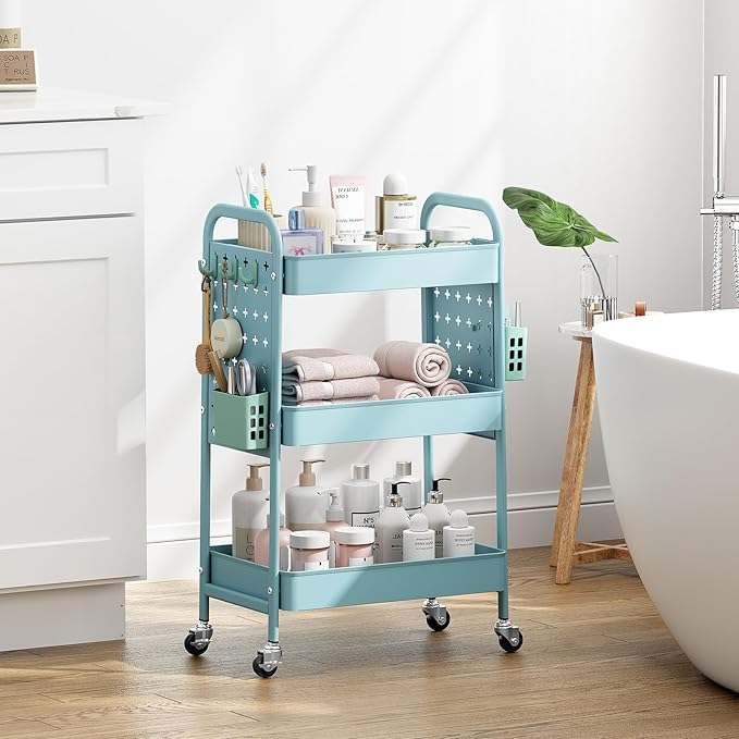 KINGRACK 3 Tier Rolling Cart with DIY Hanging Board, Metal Rolling Utility Cart with Wheels Handles Baskets Hooks, Rolling Storage Cart Suitable for Bathroom, Kitchen, Office, Nursery Diaper（Blue）