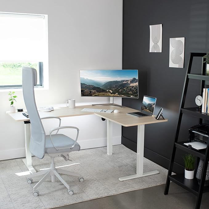 VIVO Electric Corner 63 x 55 inch L-Shaped Standing Desk, Memory Height Adjustment, Light Wood Top White Frame, DESK-E3CTC