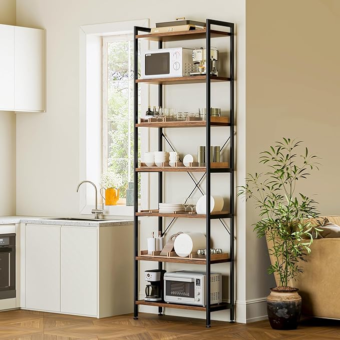 Casaottima Book Shelf, 7 Tier Tall Bookshelf, Modern Wood Bookcase Shelves for Bedroom, Industrial Display Shelf for Living Room Home Office Kitchen, Standing Shelving Unit Storage Organizer, Vintage