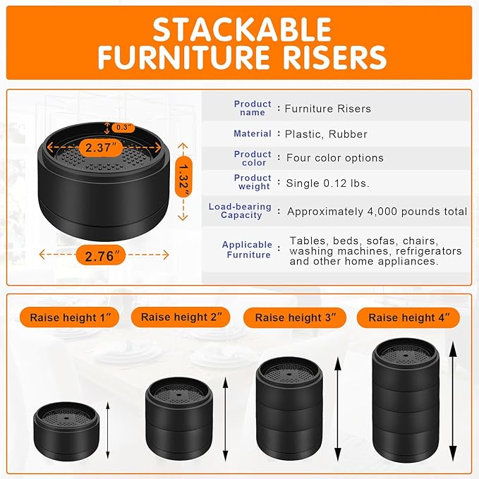 Furniture Risers Bed Risers Heavy Duty 1 inch, 2 inch, 3 inch, 4 inch Round Adjustable Bed Lifts Riser for Desk Legs Table Couch Sofa Chair Refrigerator Washing Machine (1+1+1+1 Inch, Black, 4 Pack )