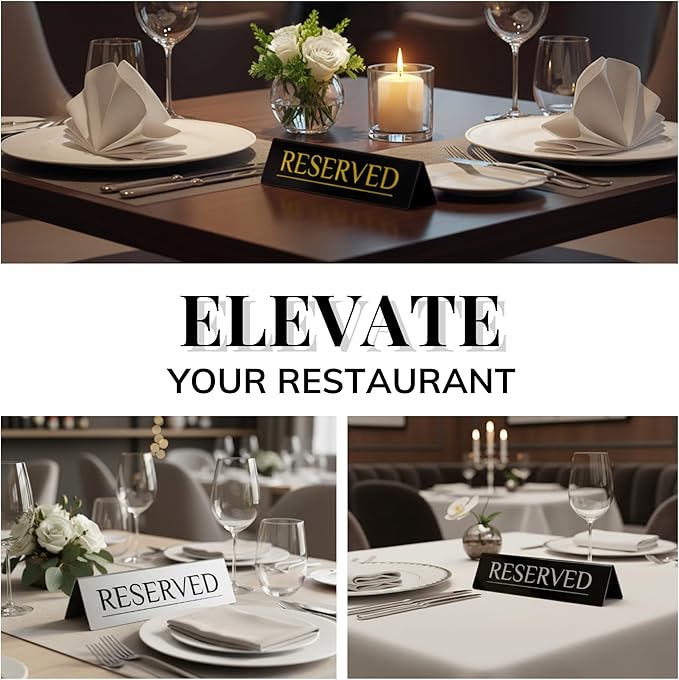 6 Reserved Table Signs – Black Stainless Steel with Yellow Mirror Lettering | Durable & Reusable Reserved Signs for Wedding & Restaurant Events | Wedding Accessories & Restaurant Supplies by Adaptic Group®