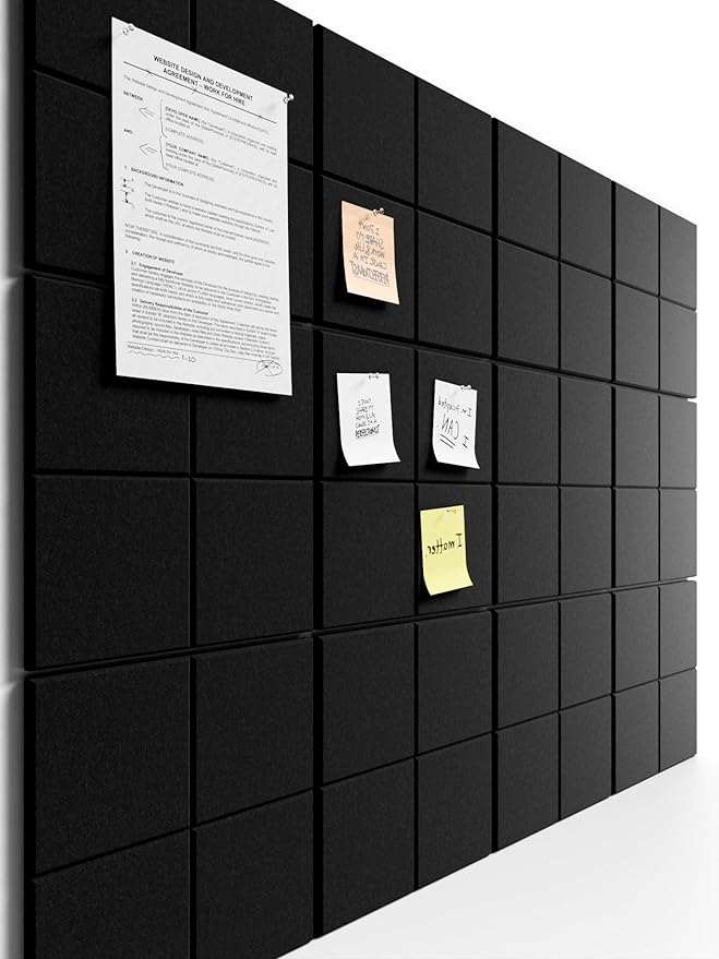 Bumusty Large Cork Board Alternative-47 x35 Felt Bulletin Board Tiles, with 30 Pushpins, 70 Adhesive Tabs, 12-Pack Slat Wall Paneling, Cork Boards for Office Push Pin Board Felt Board-Black