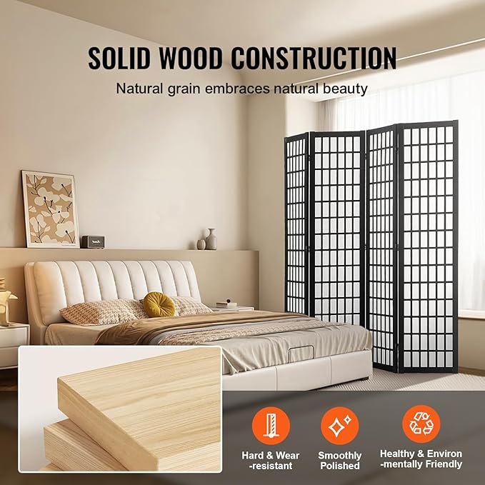 VEVOR Room Divider, 4 Panel Japanese Room Divider, Wood Folding Privacy Screen Indoor, Partition Dividers Portable Decoration Screens, for Room Separation Home Office Restaurant & Bedroom(Black)