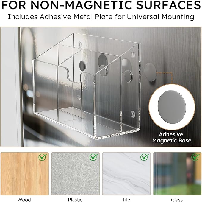 AITEE Magnetic Pen Holder for Refrigerator, Whiteboard & Locker - Acrylic 4-Magnet Organizer with Non-Slip Pads, Holds Markers, Pens, Scissors & Notes, Clear Accessory for Office, Classroom, Kitchen