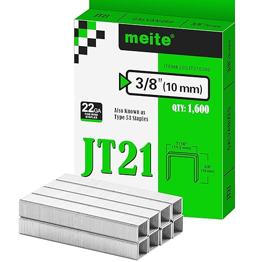 meite JT21 Staples, 3/8 Inch Galvanized Fine Wire Staples for Staple Gun - 1,600 Counts, 7/16" Crown JT21 Staple Refill, Ideal for Upholstery, Crafts, Furniture