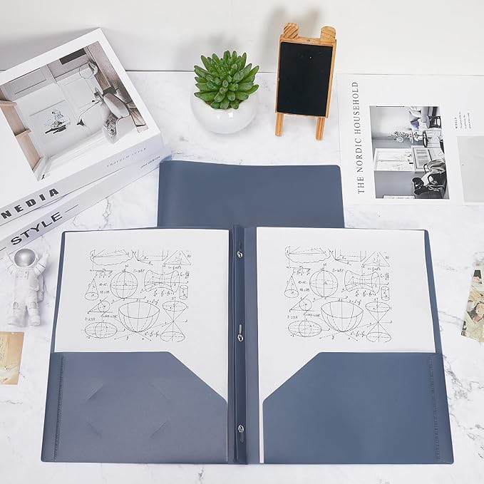Lincia 100 Pcs Plastic Folders with Pockets and Prong Folders with Prongs 2 Pockets for Office, School for Students, Teachers, Office Workers(Grey Blue)