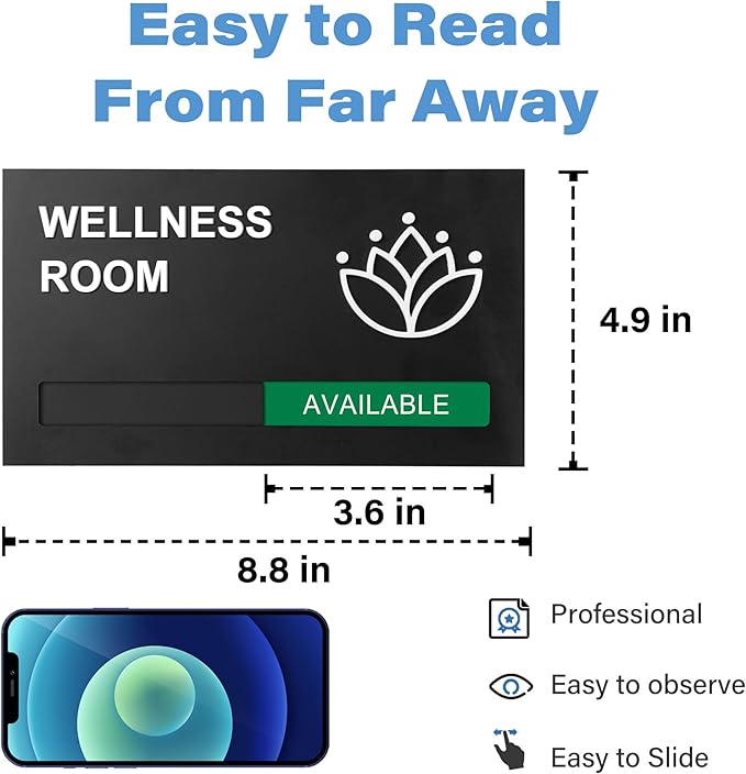 Wellness Room Office Sign, Do Not Disturb Privacy Slide Door Sign, In Use And Available Slider Indicator, Matte Black 8.8"x 4.9"