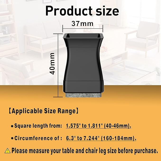 Square Chair Leg Protectors for Hardwood Floors, 16 Pcs Silicone Felt Furniture Leg Cover,Black.1.575" to 1.811".