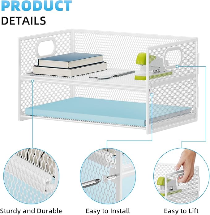 Marbrasse 2 Tier Paper Organizer Letter Tray, Mesh File Organizer with Handle, Paper Sorter Desk Organizer for Home Office Supplies - 2P White