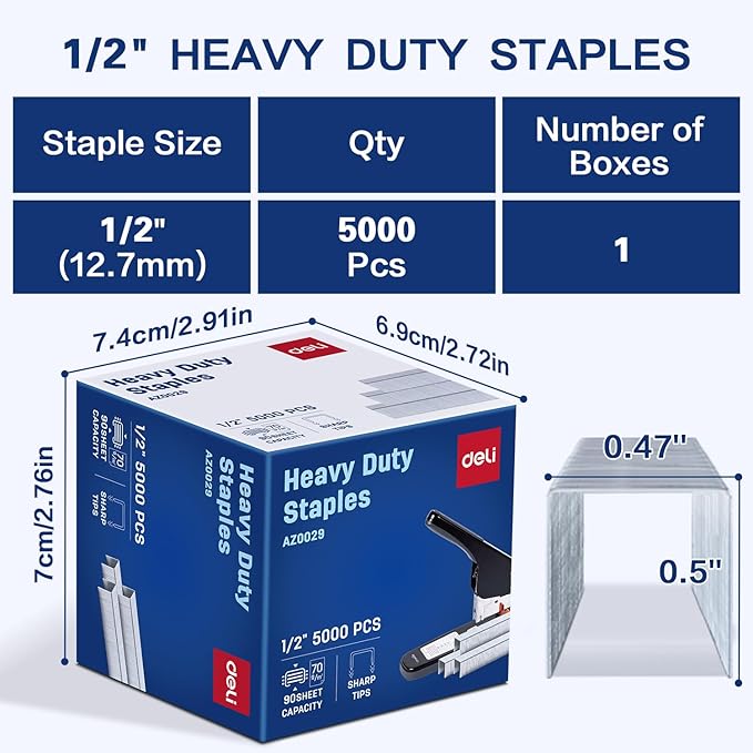 Deli Staples, Premium Heavy Duty Staples for Heavy Duty Staplers, 1/2'' Length, 90 Sheet Capacity, 100/Strip, 5000/Box