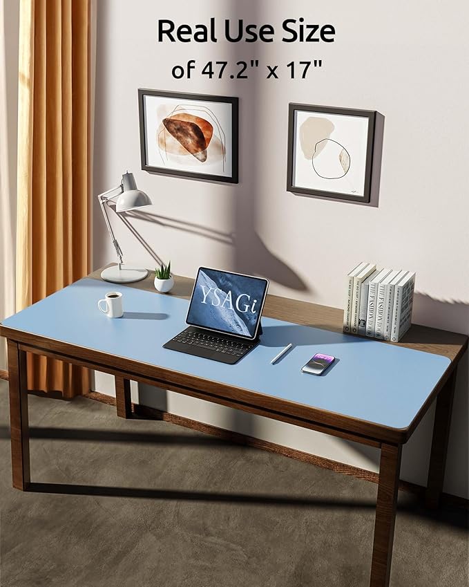 YSAGi Leather Desk Protector, Office Mat, Large Mouse Mat, Non-Slip PU Leather Blotter, Laptop Pad, Waterproof Writing Pad for Office and Home (Baby Blue, 47" x 17")