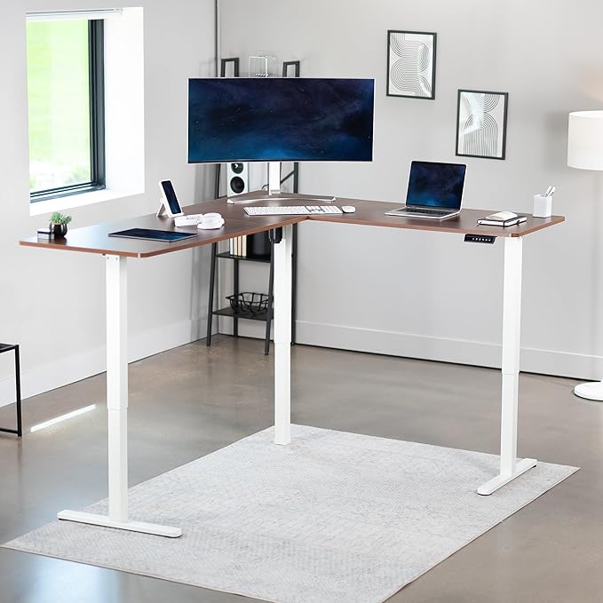 VIVO Electric Corner 75 x 63 inch L-Shaped Standing Desk, Memory Height Adjustment, Dark Walnut Top White Frame, DESK-E3CTWD-75