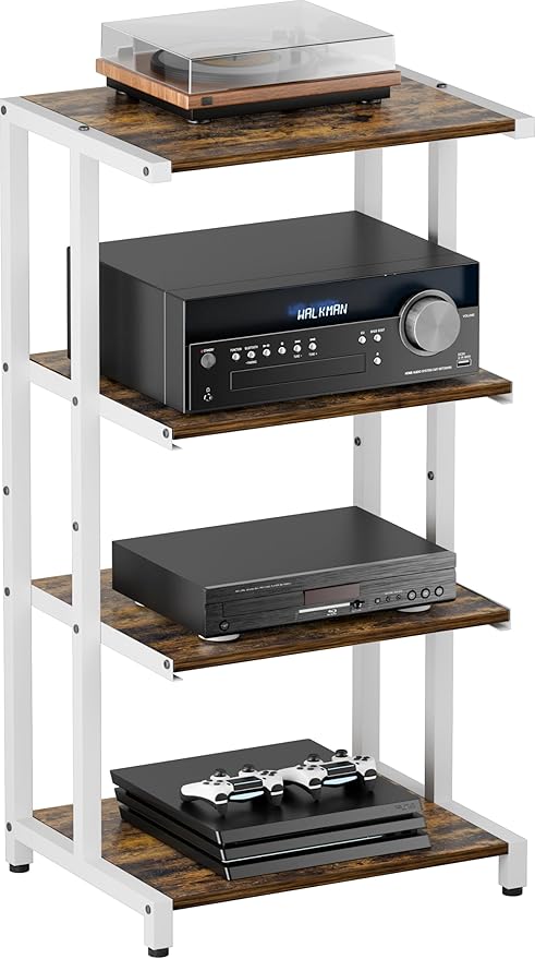 Ardier 4-Tier Wooden Media Stand, AV Media Stand Corner Shelf for TV Accessories/Audiovisual Equipment/Optical Disc/PS4, Audio Storage Rack for Living Room, Gaming Room, Music Studio, White