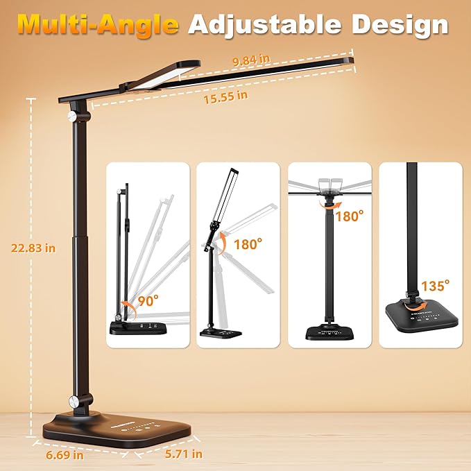 CHARYJOD LED Desk Lamp for Office Home, Height Adjustable Architect Desk Light with USB Adapter, Stepless Dimming Desk Lamp Light for Reading, Study, Workbench