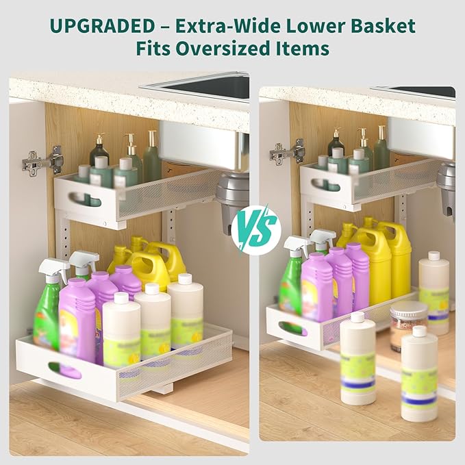 Beleeb Under Sink Organizer, Extra-Wide Upgrade, 2 Pack 2 Tier Metal Slide Out Cabinet Organizer, Height Adjustable Organization and Storage Series, Bathroom/Cabinet/Kitchen organization, White